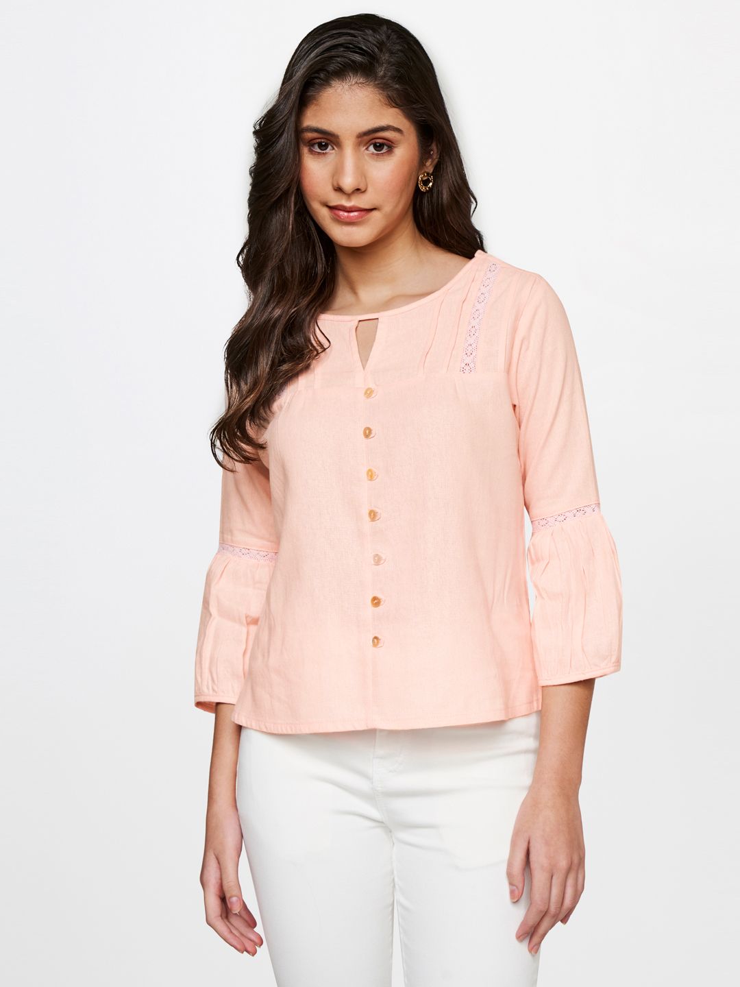 AND Keyhole Neck Puff Sleeve Linen Top Price in India