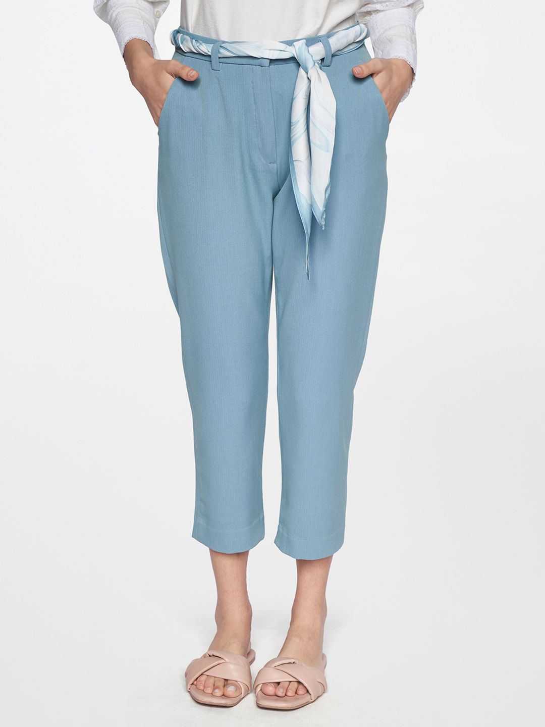 AND Women Blue Tapered Fit Trousers Price in India
