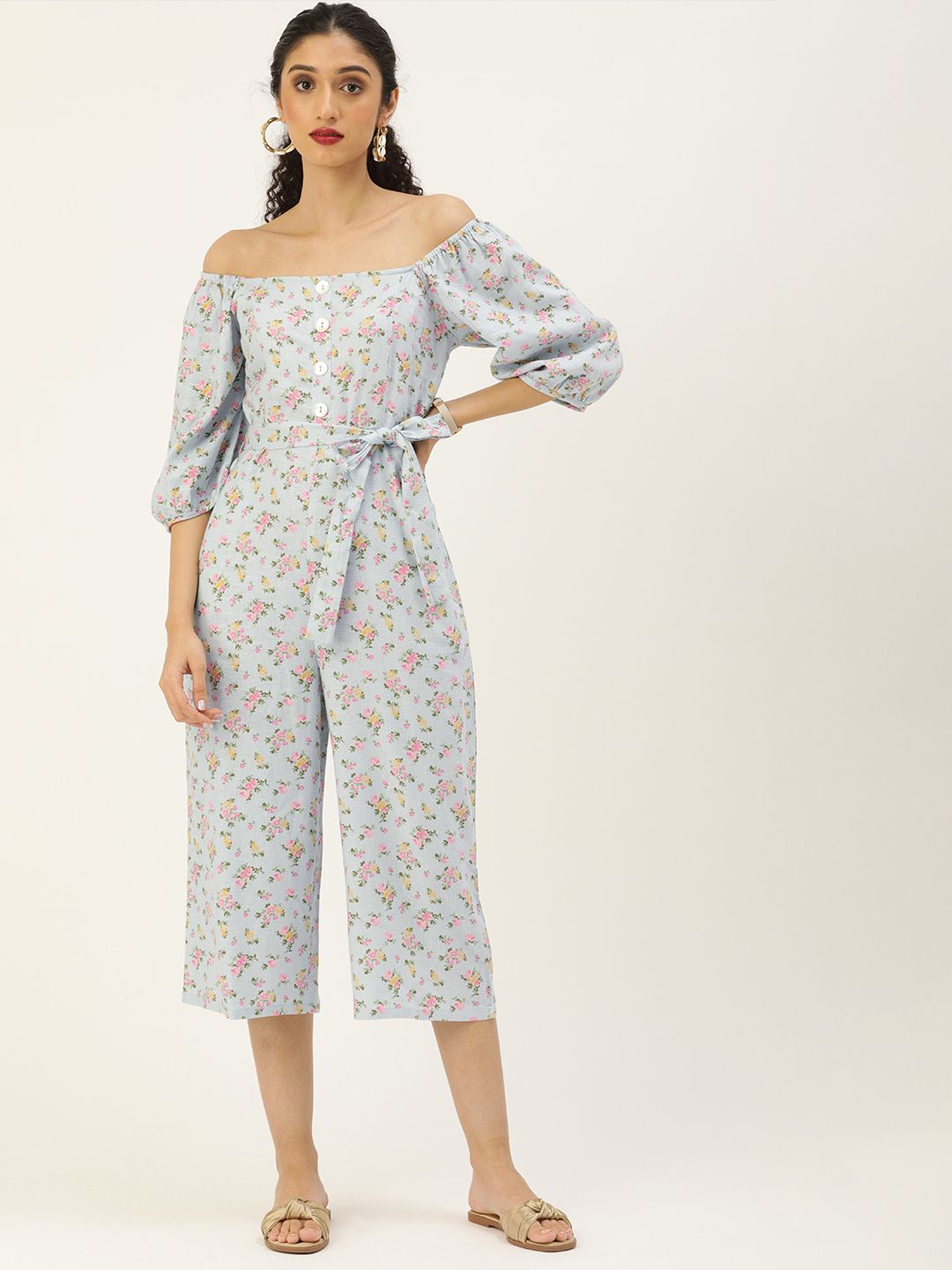 AND Women Blue & Pink Off-Shoulder Printed Jumpsuit Price in India