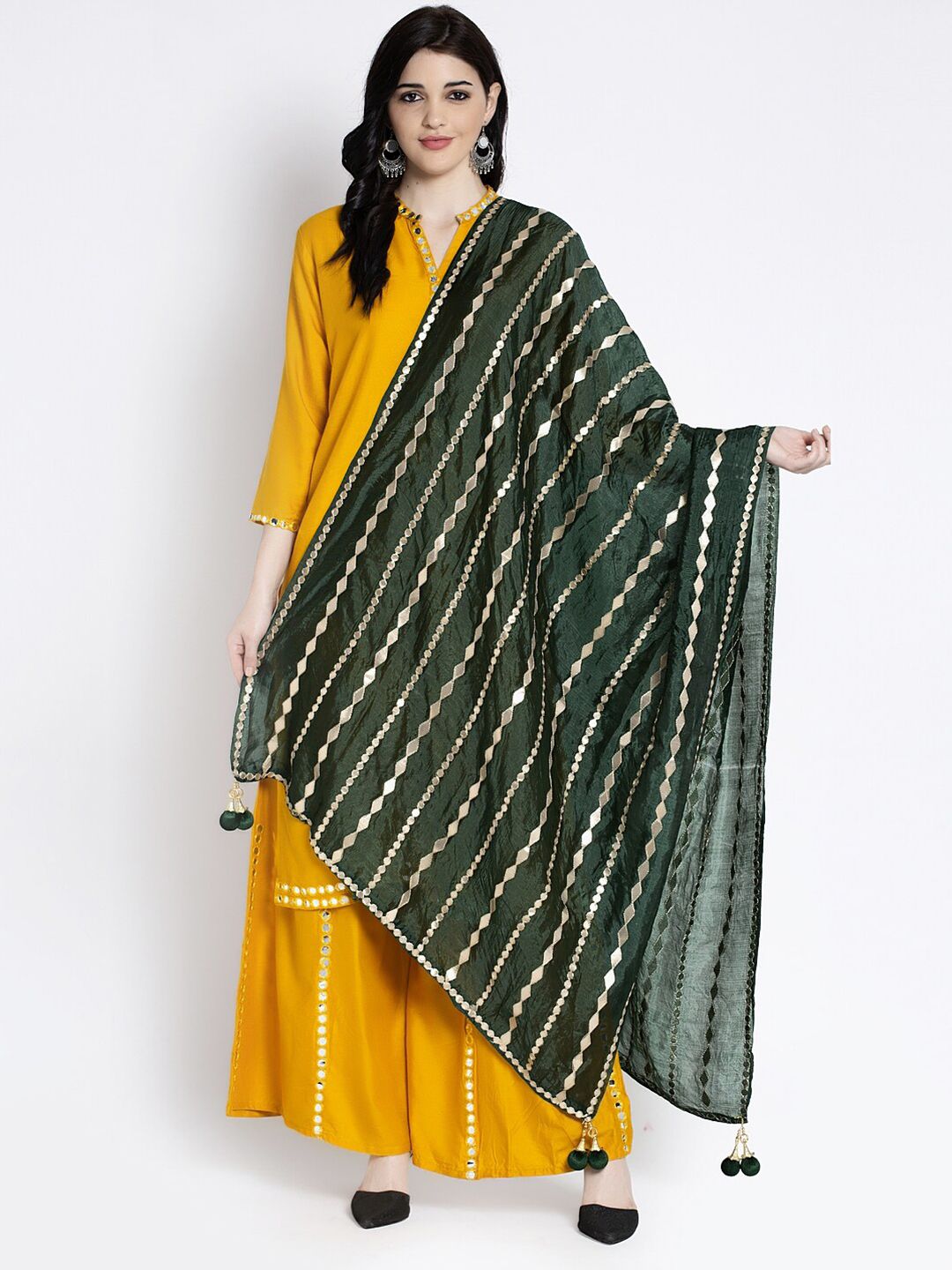 Clora Creation Green & Gold-Toned Striped Dupatta with Gotta Patti Price in India