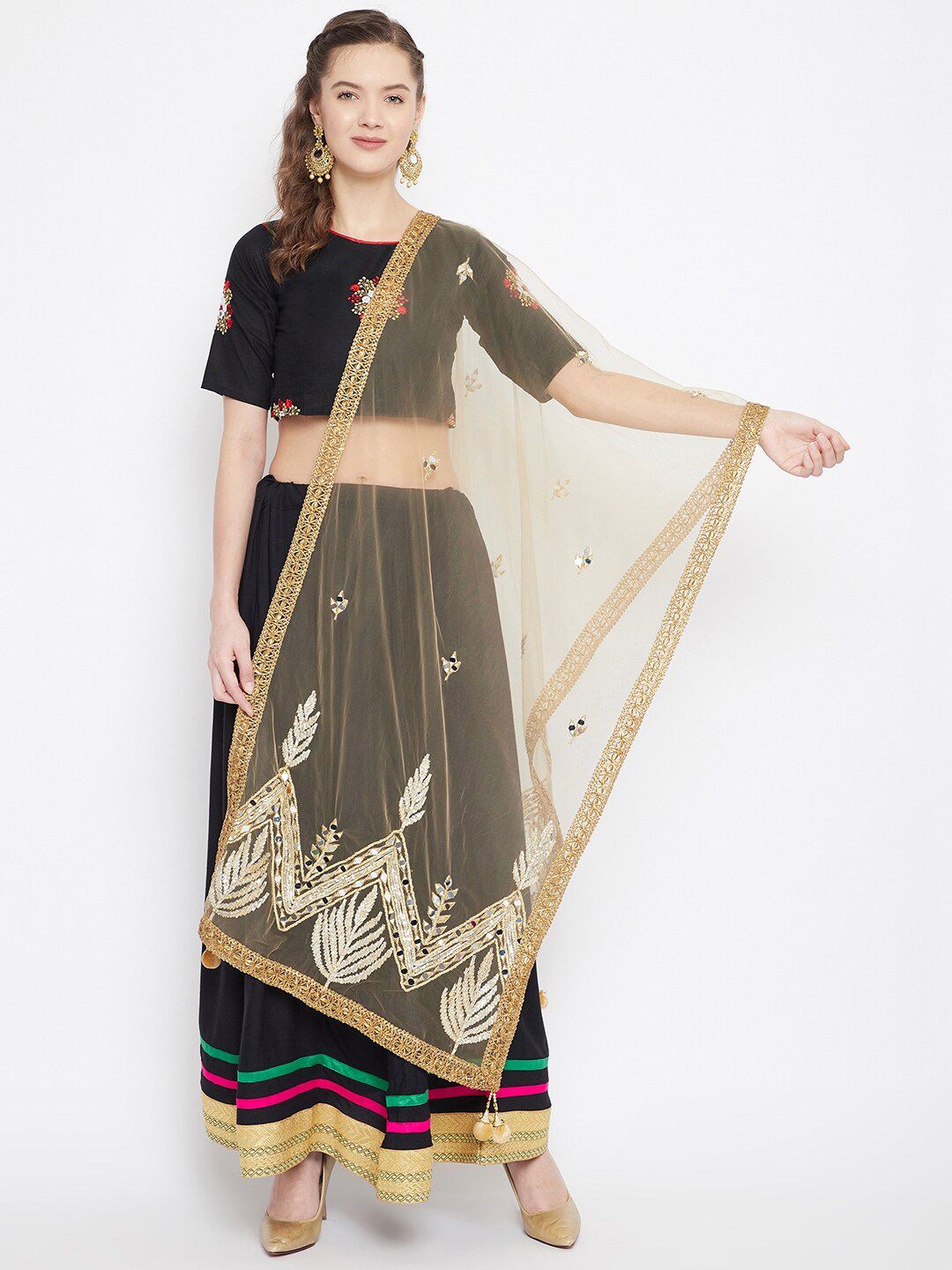 Clora Creation Gold-Coloured & Silver-Coloured Embroidered Dupatta with Mirror Work Price in India