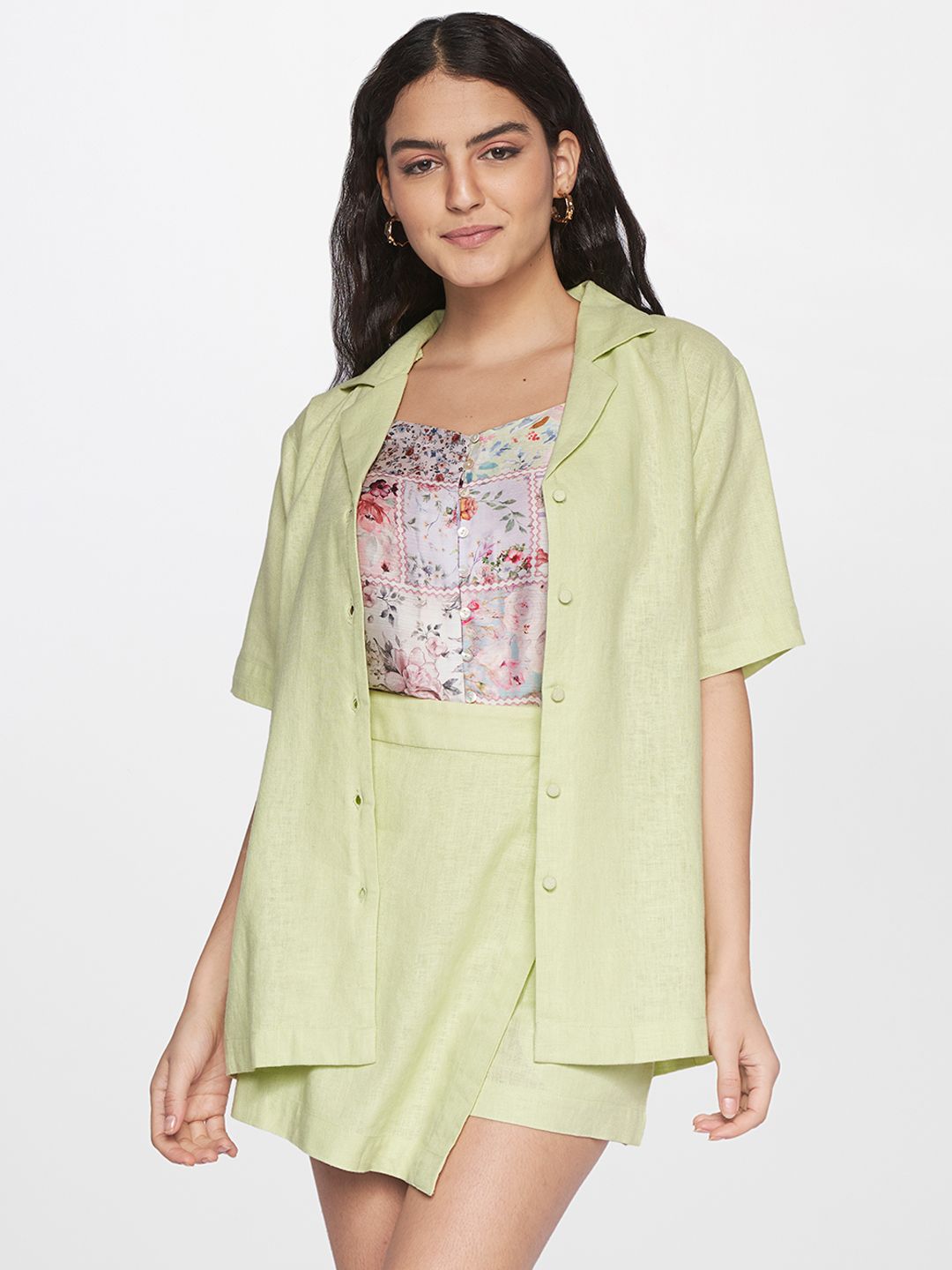 AND Women Lime Green & White Printed Top with Shorts