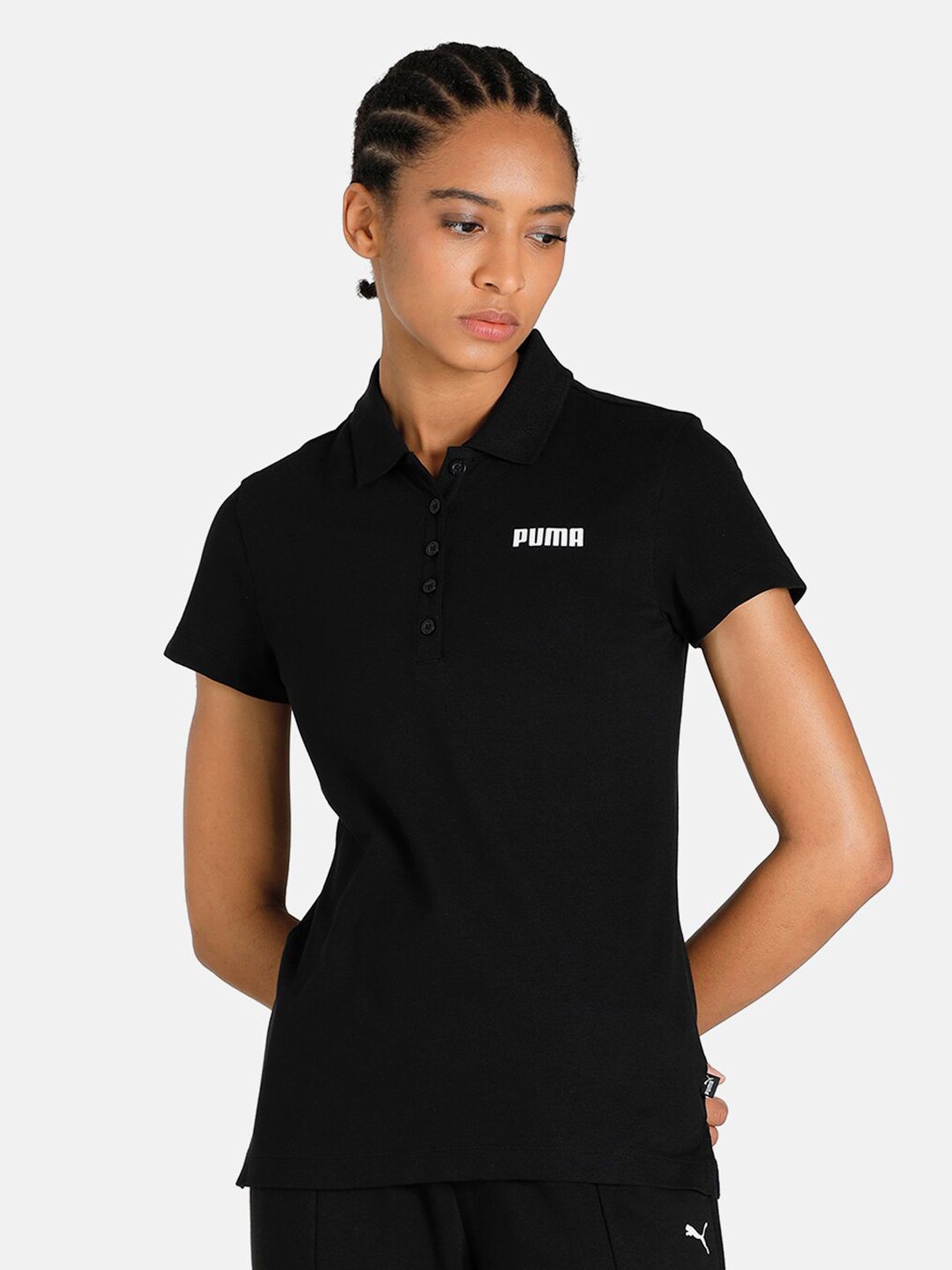 Puma Women Black Polo Collar Cotton T-shirt Price in India