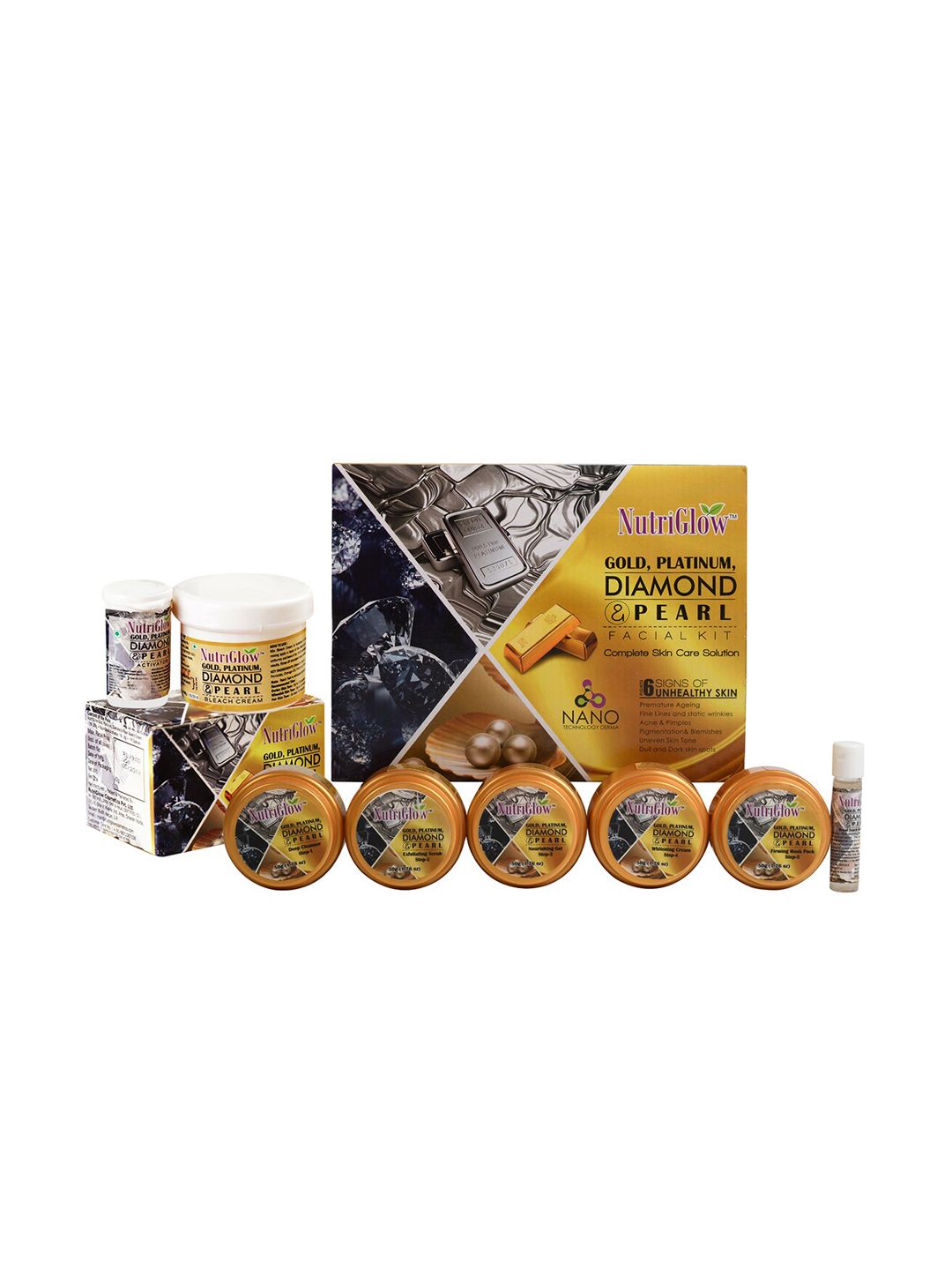 NutriGlow Gold Platinum Diamond & Pearl Facial Kit 250 g + 10 ml & Bleach Cream 43 g