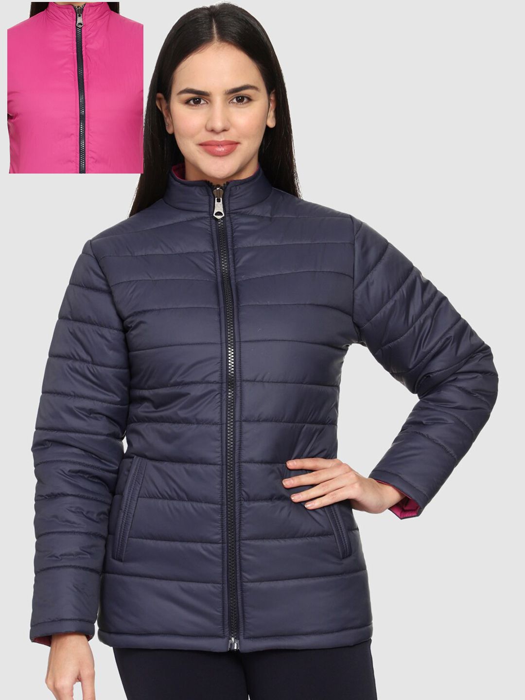 CL SPORT Women Navy Blue & Pink Reversible Puffer Jacket Price in India