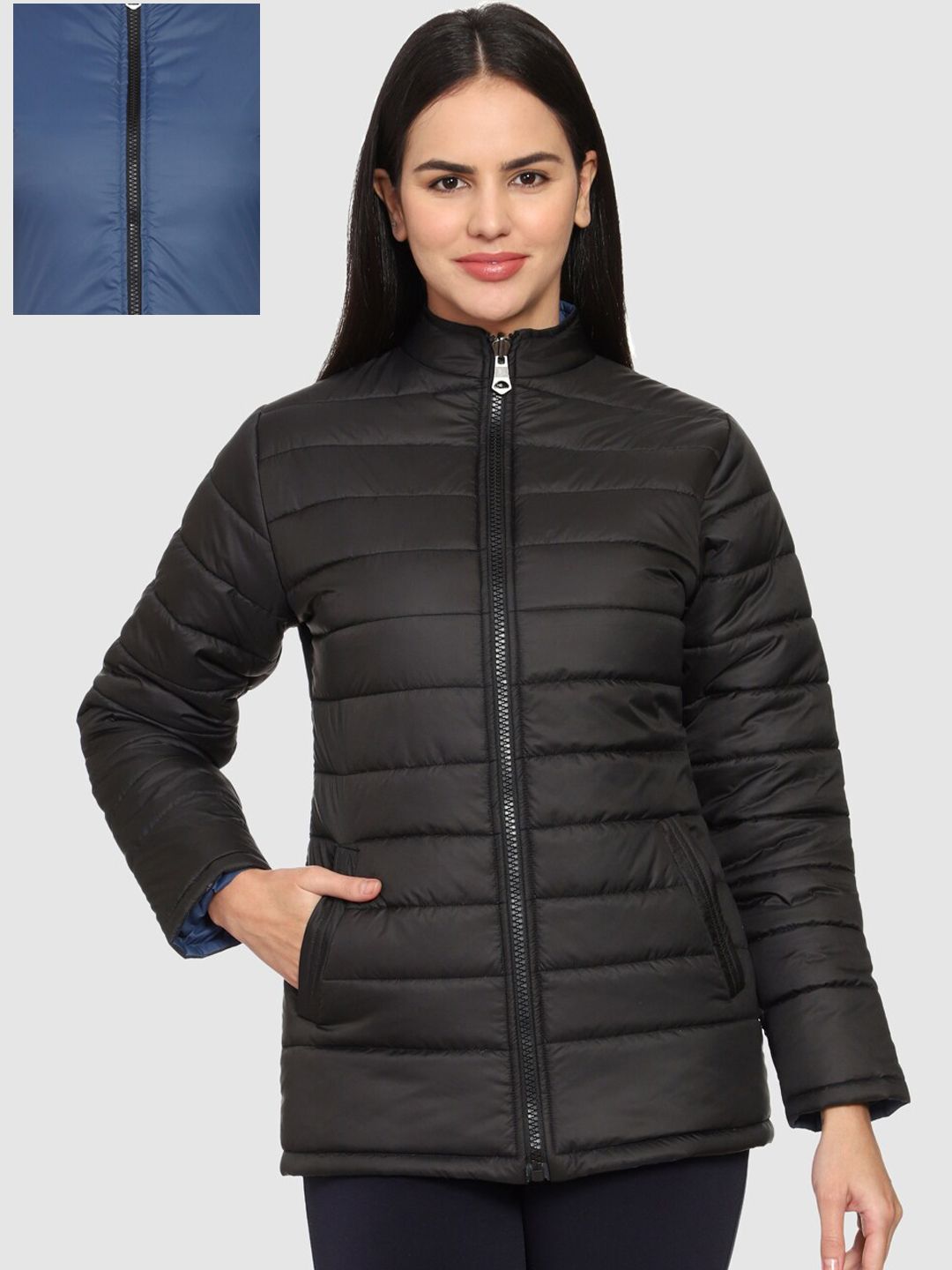 CL SPORT Women Black & Blue Reversible Puffer Jacket Price in India