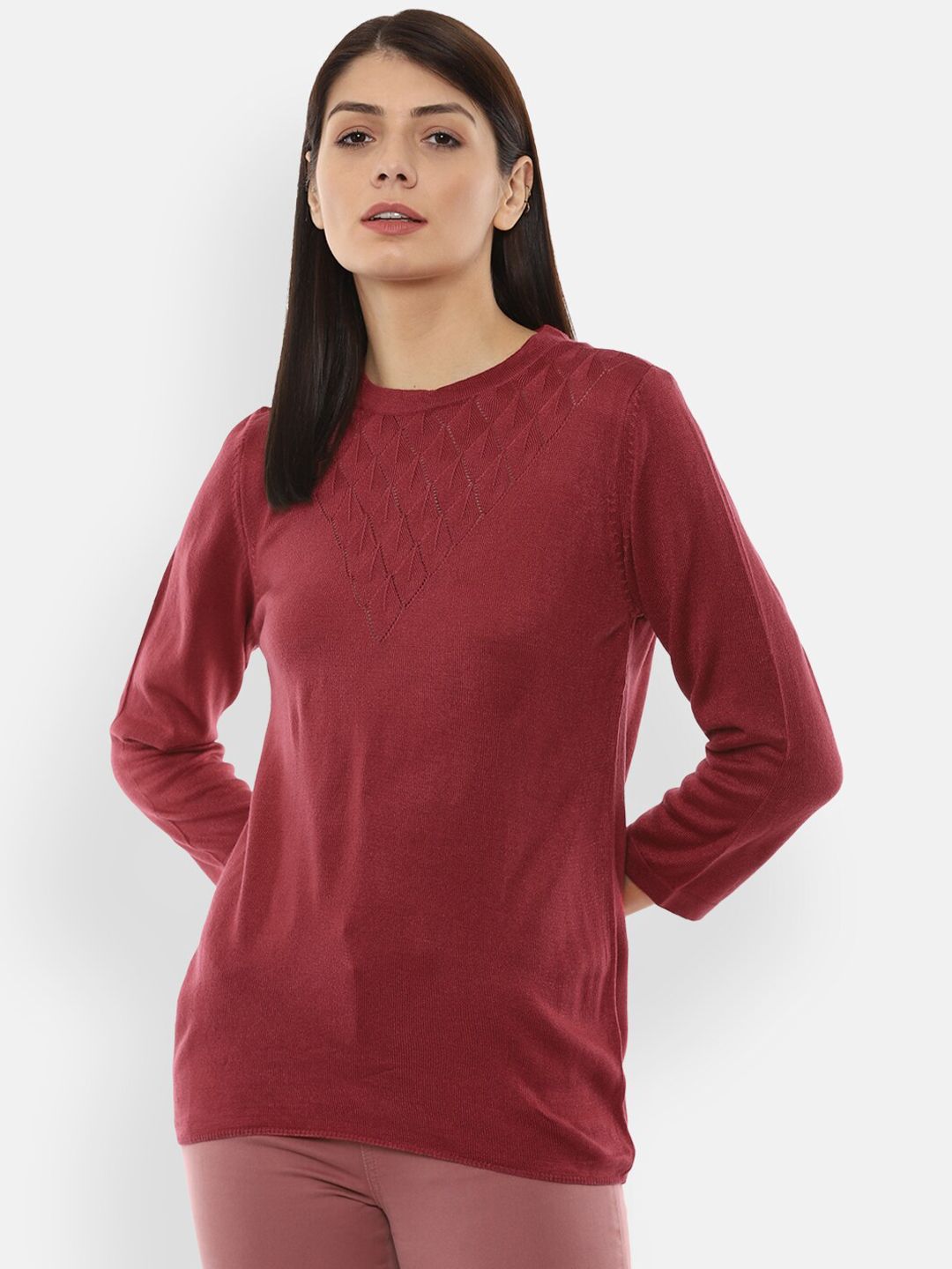 Van Heusen Woman Women Maroon Cable Knit Pullover Price in India