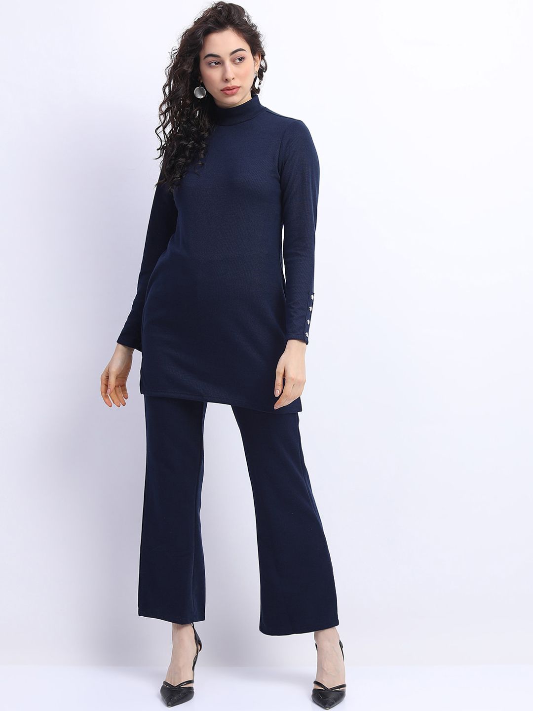 Vishudh Women Navy Blue Knitted Kurti with Trousers Price in India