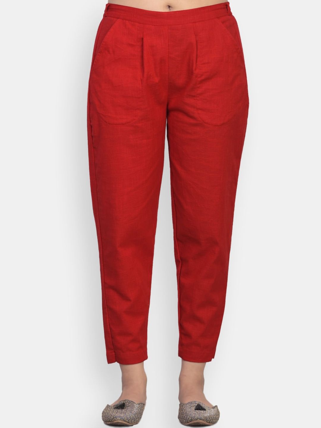 VEDANA Women Red Comfort Pleated Cotton Trousers Price in India