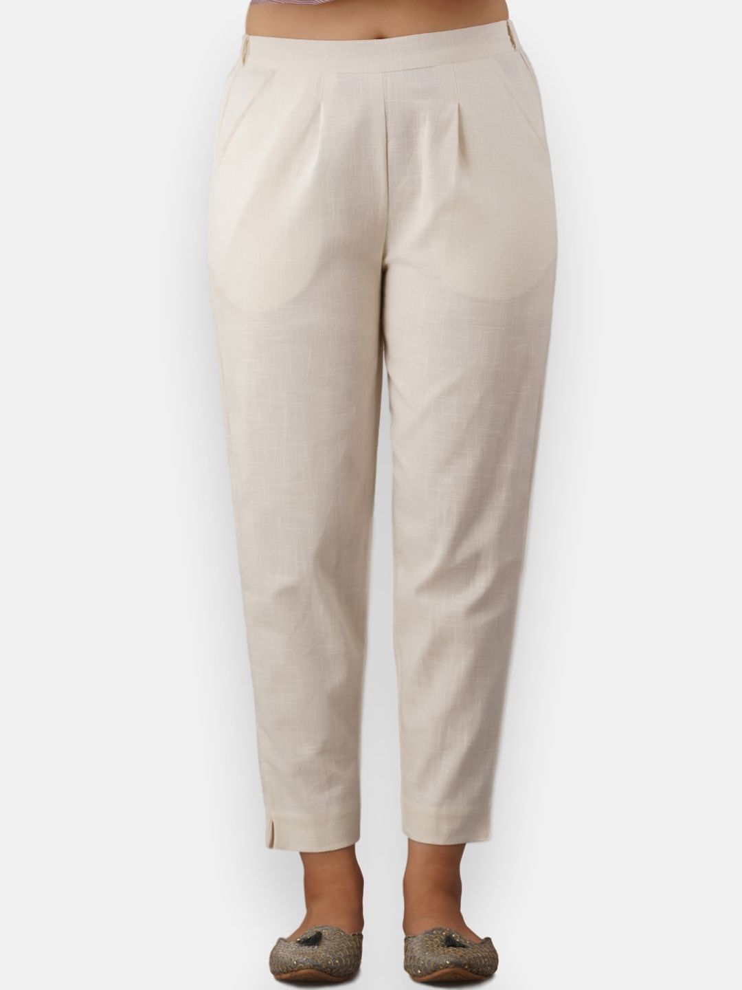 VEDANA Women Off White Comfort Pleated Cotton Trousers Price in India