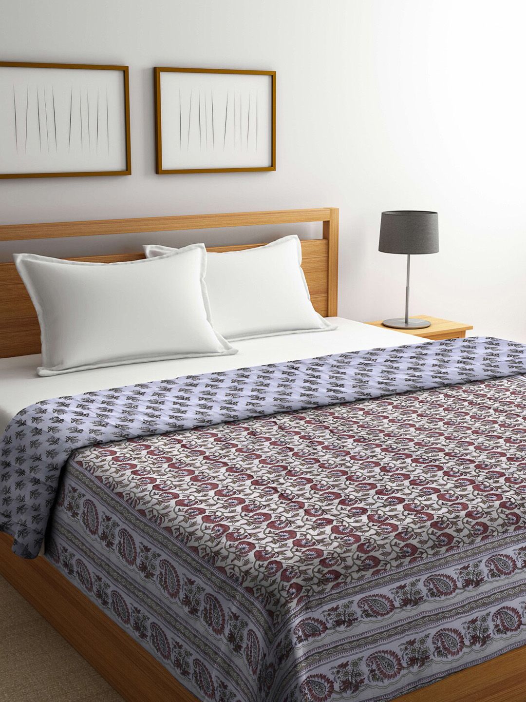 KLOTTHE Beige & Maroon Floral Mild Winter 553 GSM Pure Cotton Double Bed Quilt Price in India