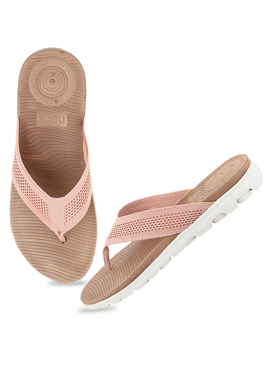 NEOZ Women Peach-Coloured & White Rubber Thong Flip-Flops Price in India