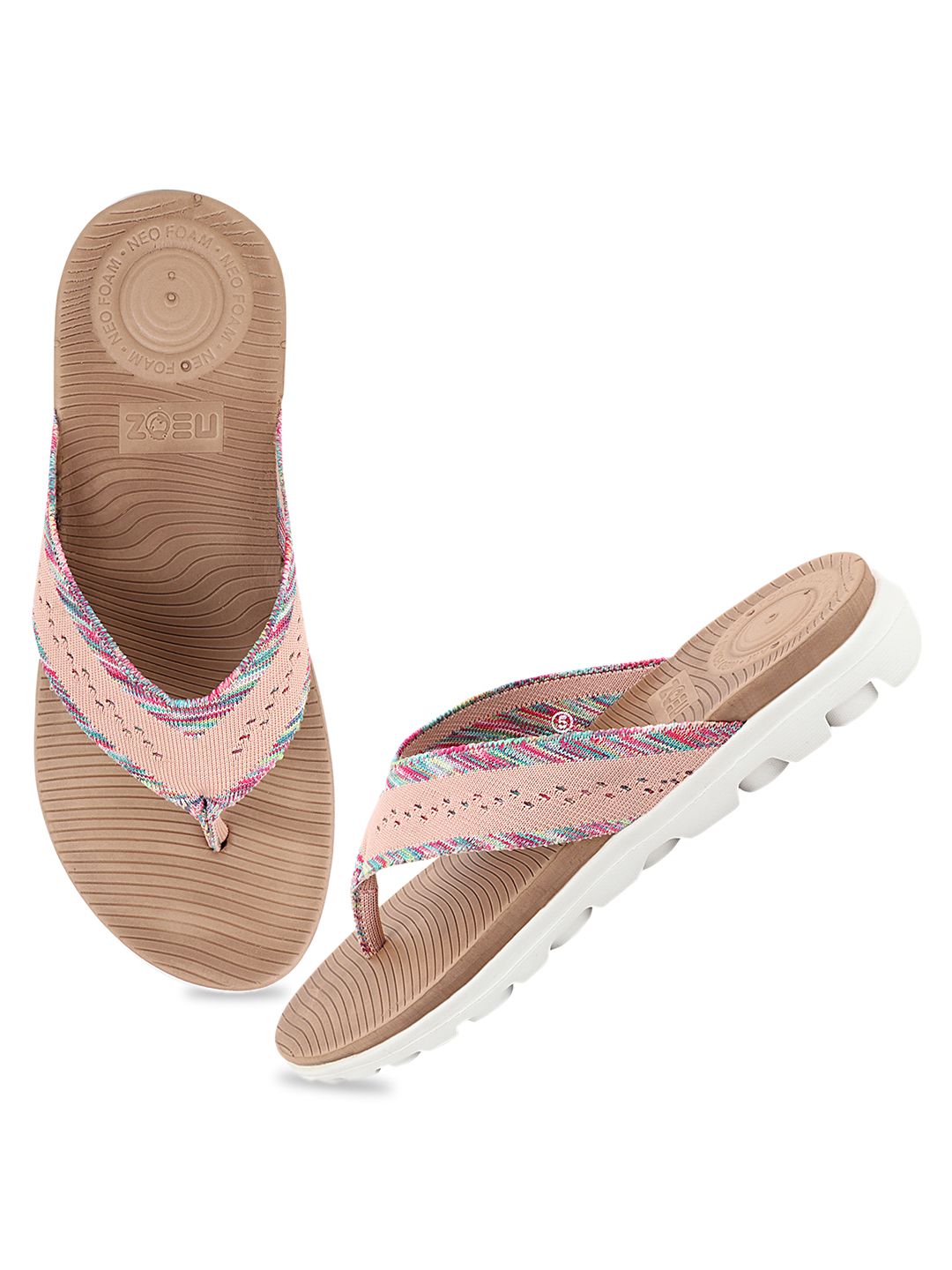 NEOZ Women Peach-Coloured & Red Rubber Thong Flip-Flops Price in India