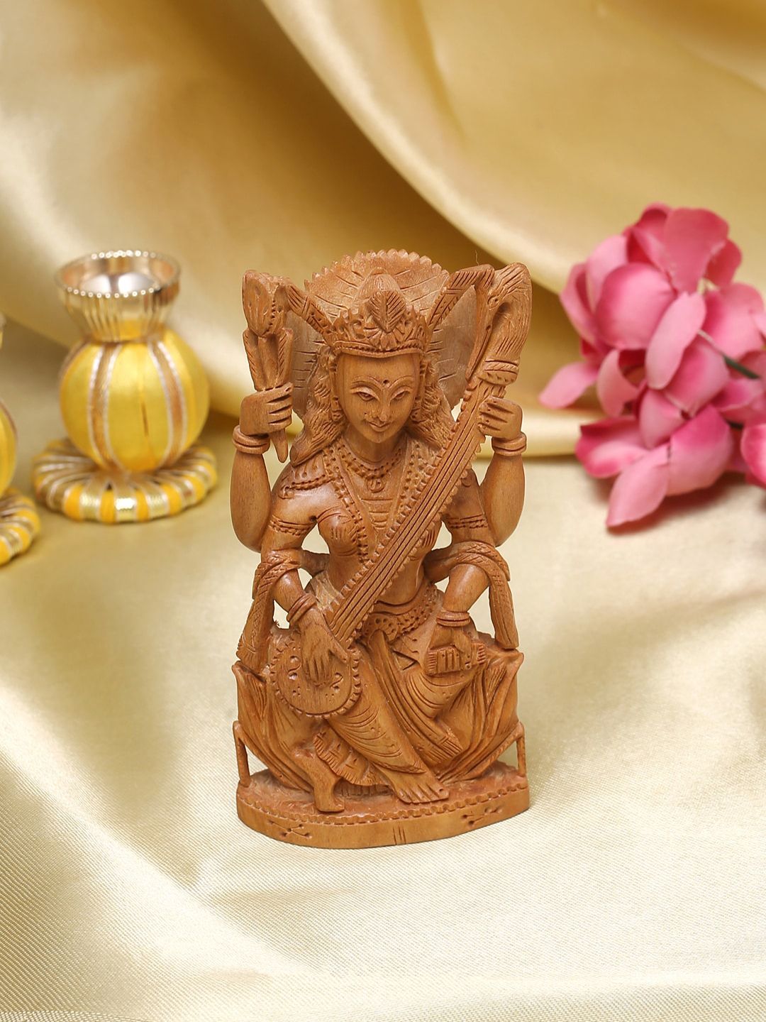 RDK Beige Sarasvati Goddess Handcrafted Sandalwood Showpiece Price in India