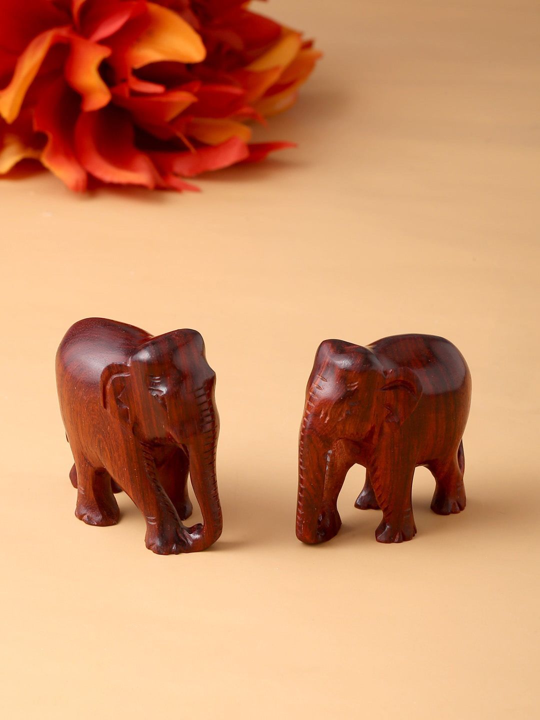 RDK Red Set Of 2 Natural Handmade Red Sandalwood Elephant Down Trunk Showpieces Price in India