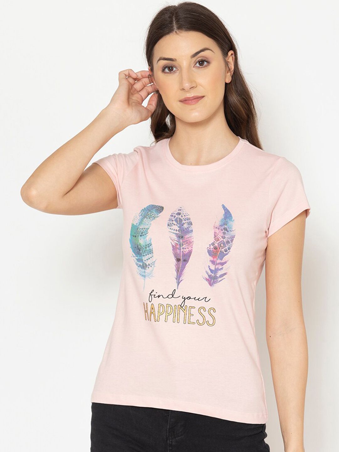 Lounge Dreams Women Pink & Blue Printed Pure Cotton Lounge T-Shirts Price in India