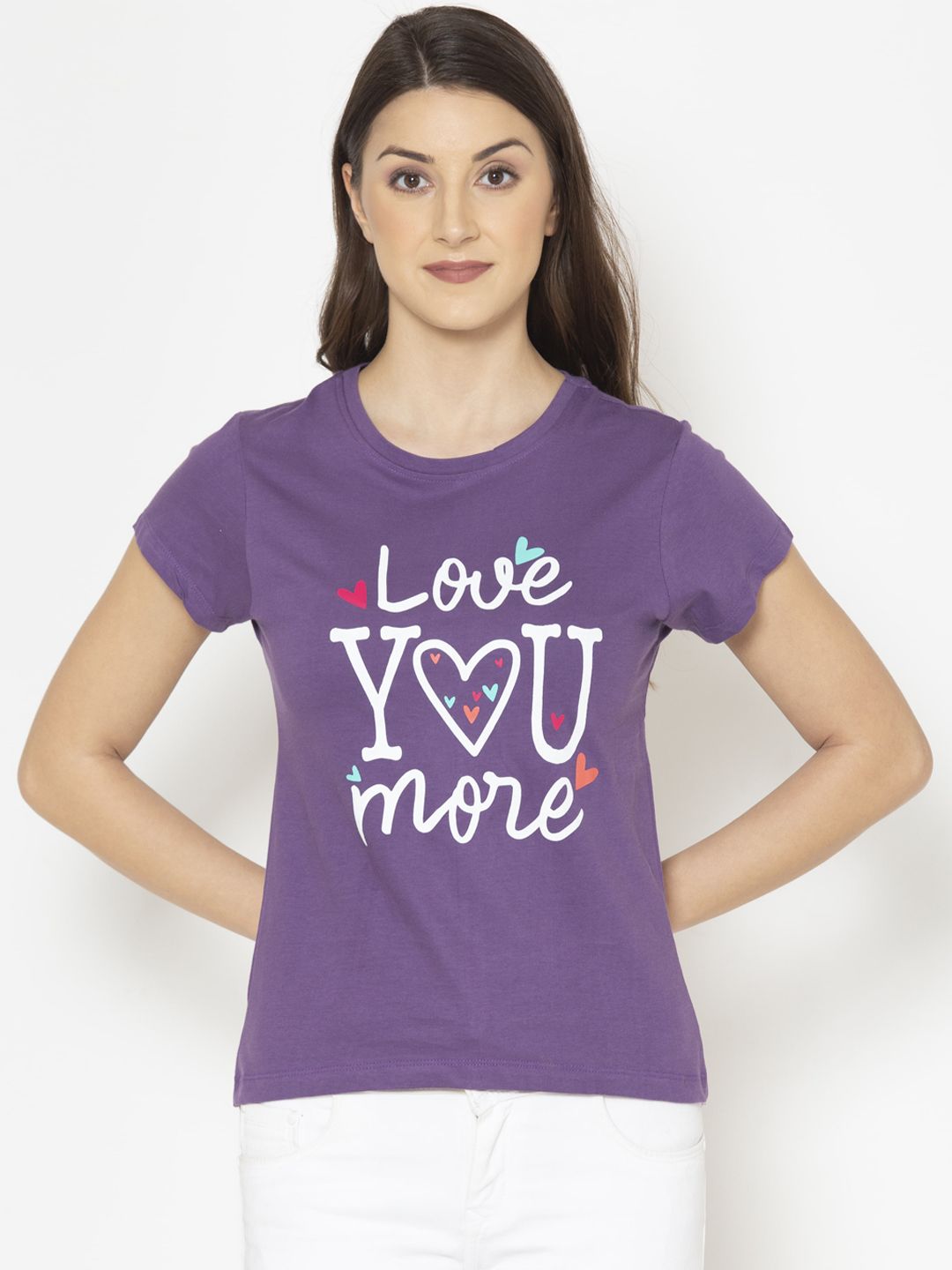 Lounge Dreams Women Purple Printed Pure Cotton Lounge T-shirt Price in India