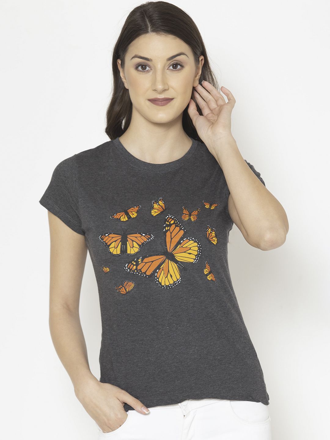 Lounge Dreams Women Grey Butterfly Printed Pure Cotton Lounge T-shirt Price in India