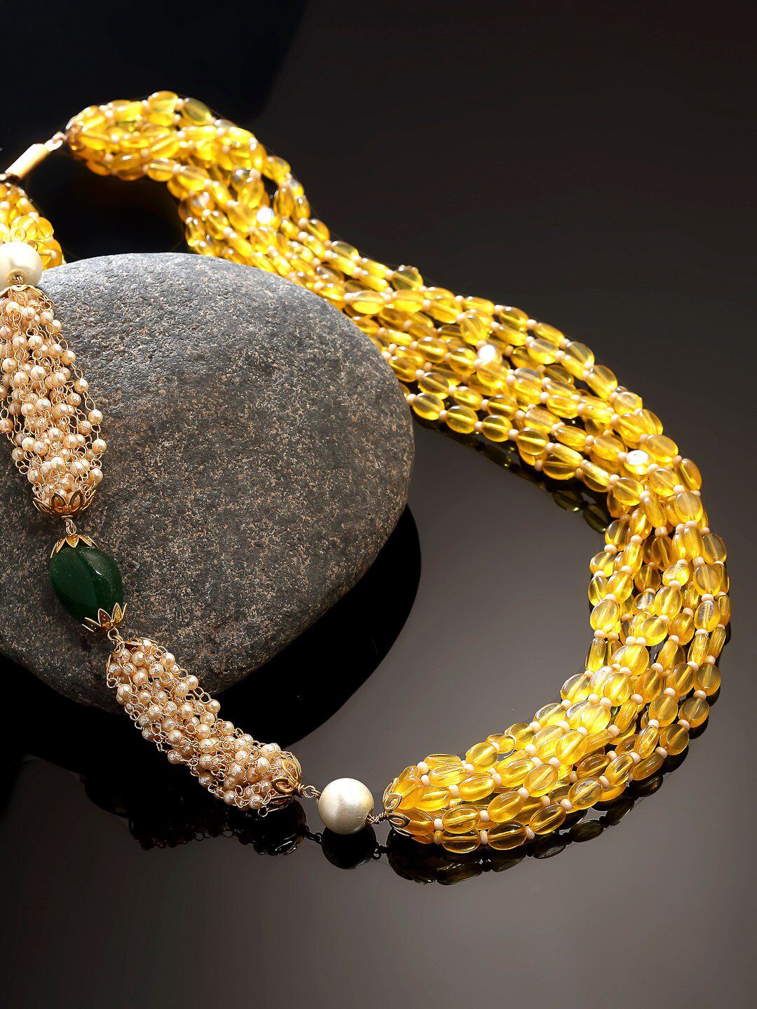 DUGRISTYLE Gold-Plated & Yellow Copper Pearls & Faux Emerald Layered Necklace Price in India