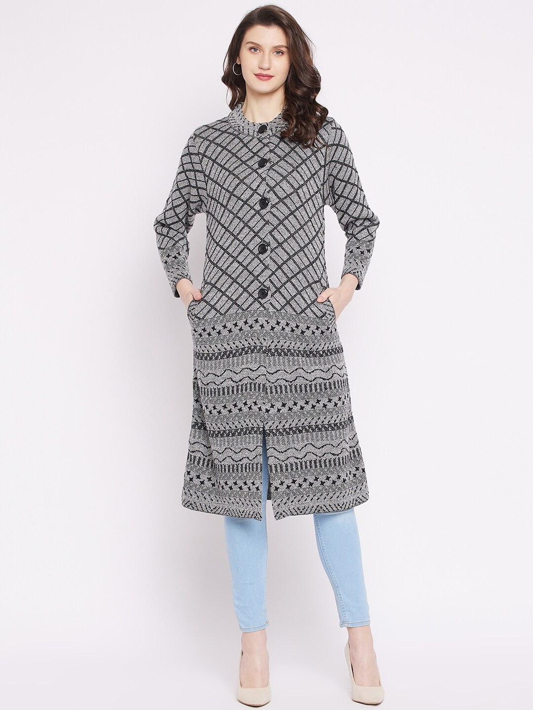 Zigo Women Black & Grey Wool Longline Cardigan Price in India
