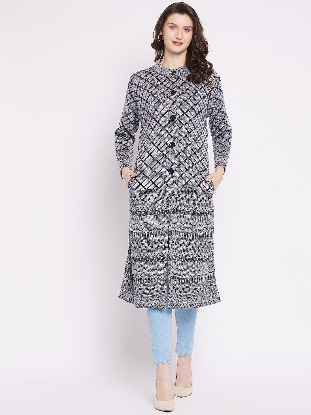 Zigo Women Navy Blue & Grey Longline Cardigan Price in India