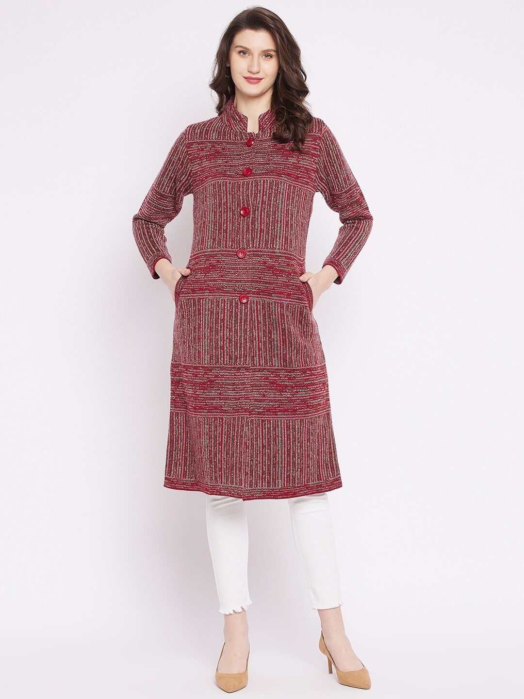 Zigo Women Maroon Self Design Wool Longline Cardigan Price in India