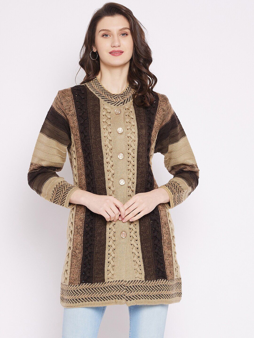 Zigo Women Brown & Beige Striped Longline Wool Cardigan Price in India