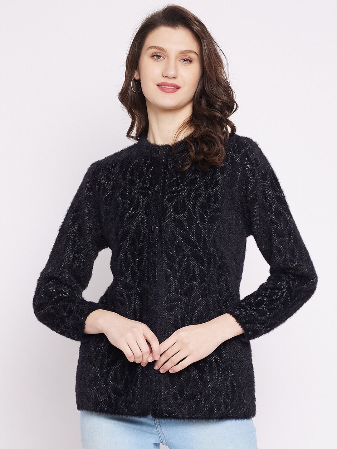 Zigo Women Black Floral Wool Cardigan Price in India