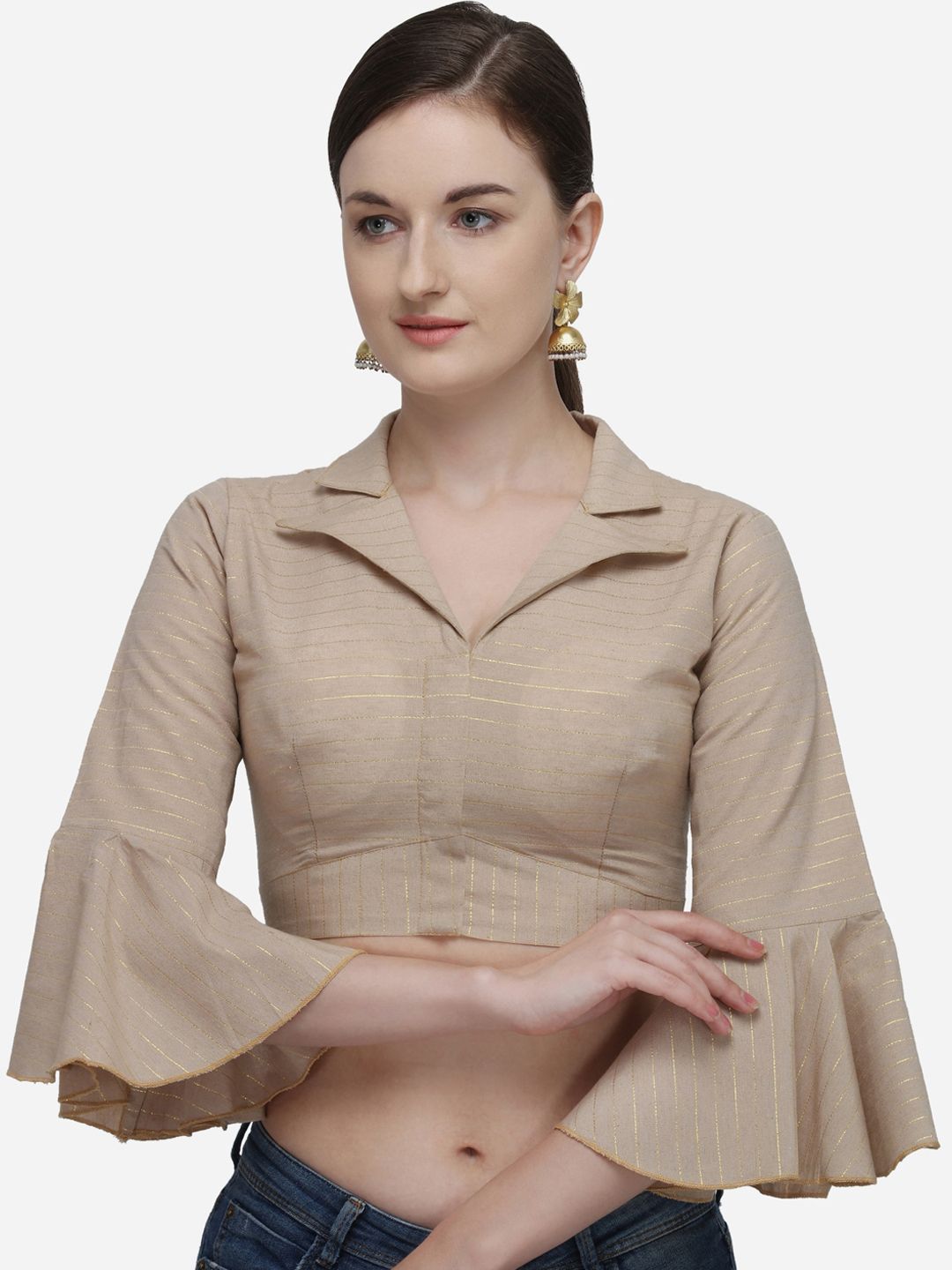 Fab Dadu Women Beige & Golden Striped Cotton Blouse Price in India