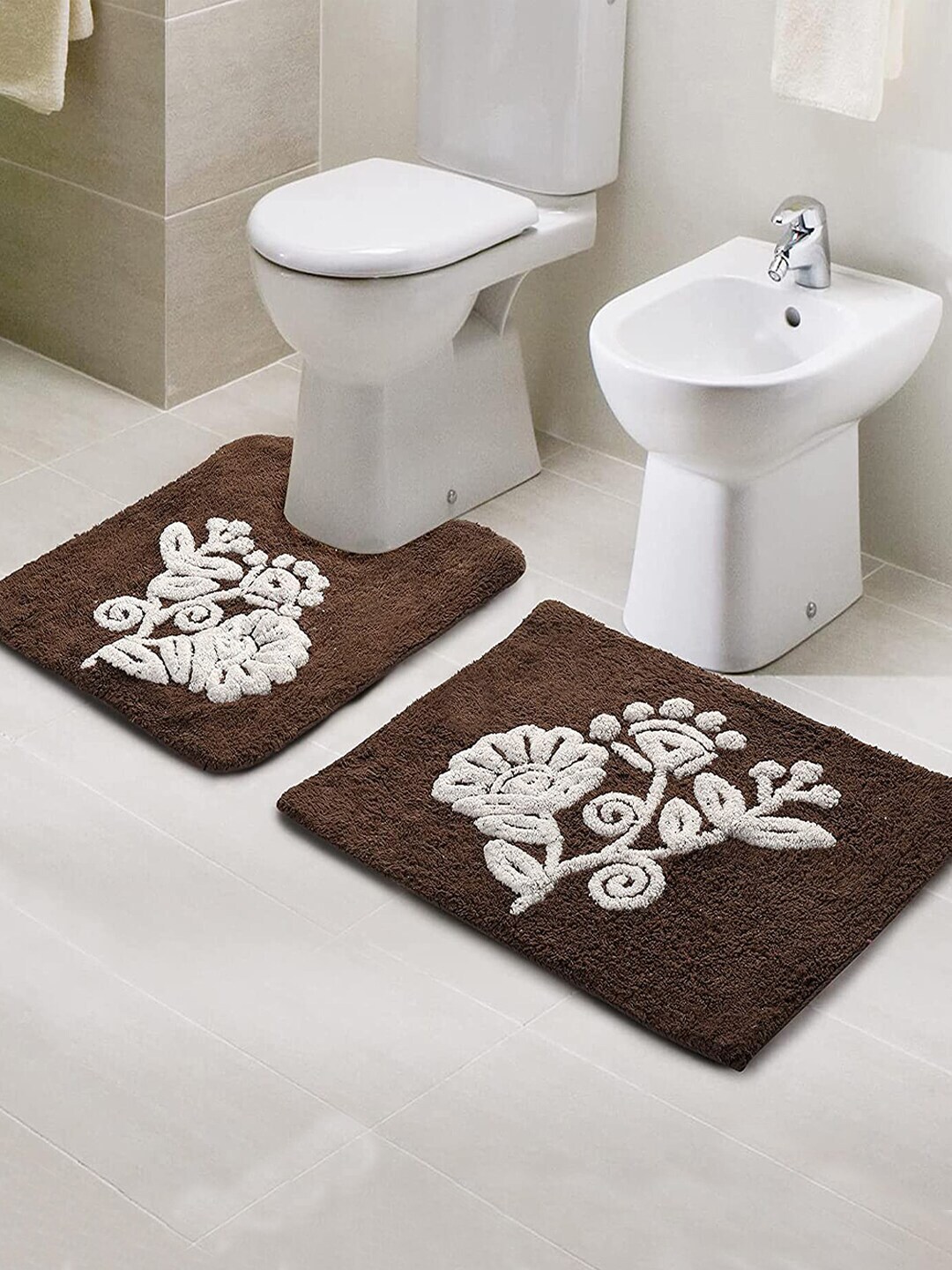 Saral Home Set of 2 Brown Soft Cotton Bathmat Set with Contour Price in India
