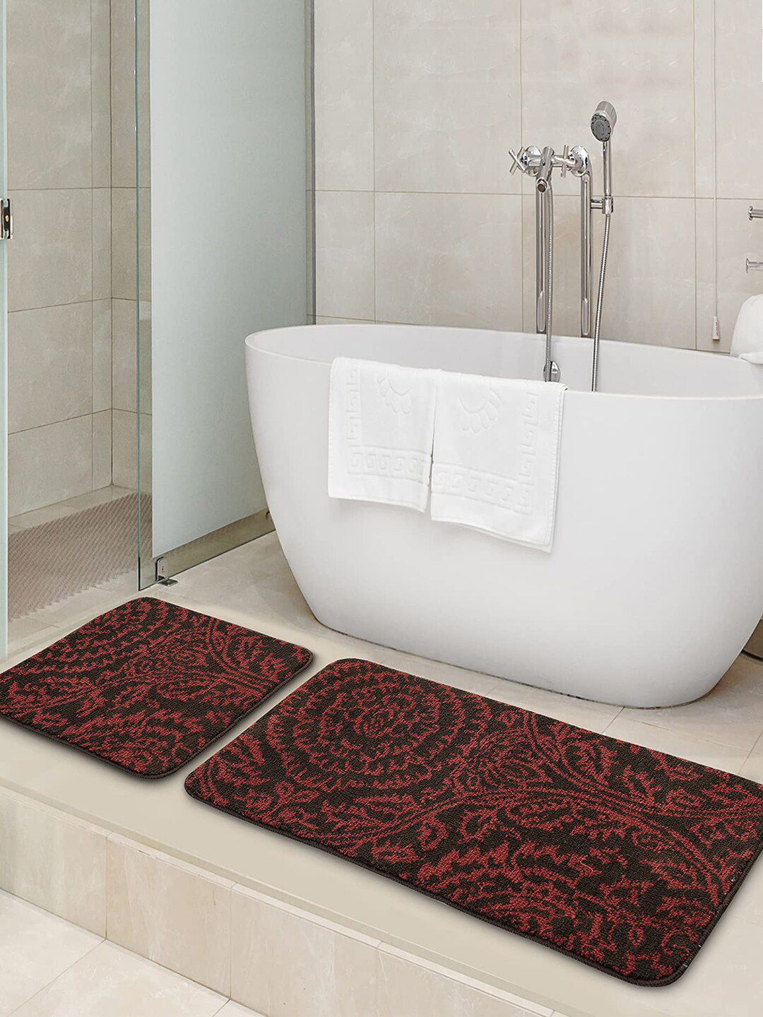 Saral Home Set of 2 Brown Patterned 210 GSM Rectangular Bath Rugs Price in India