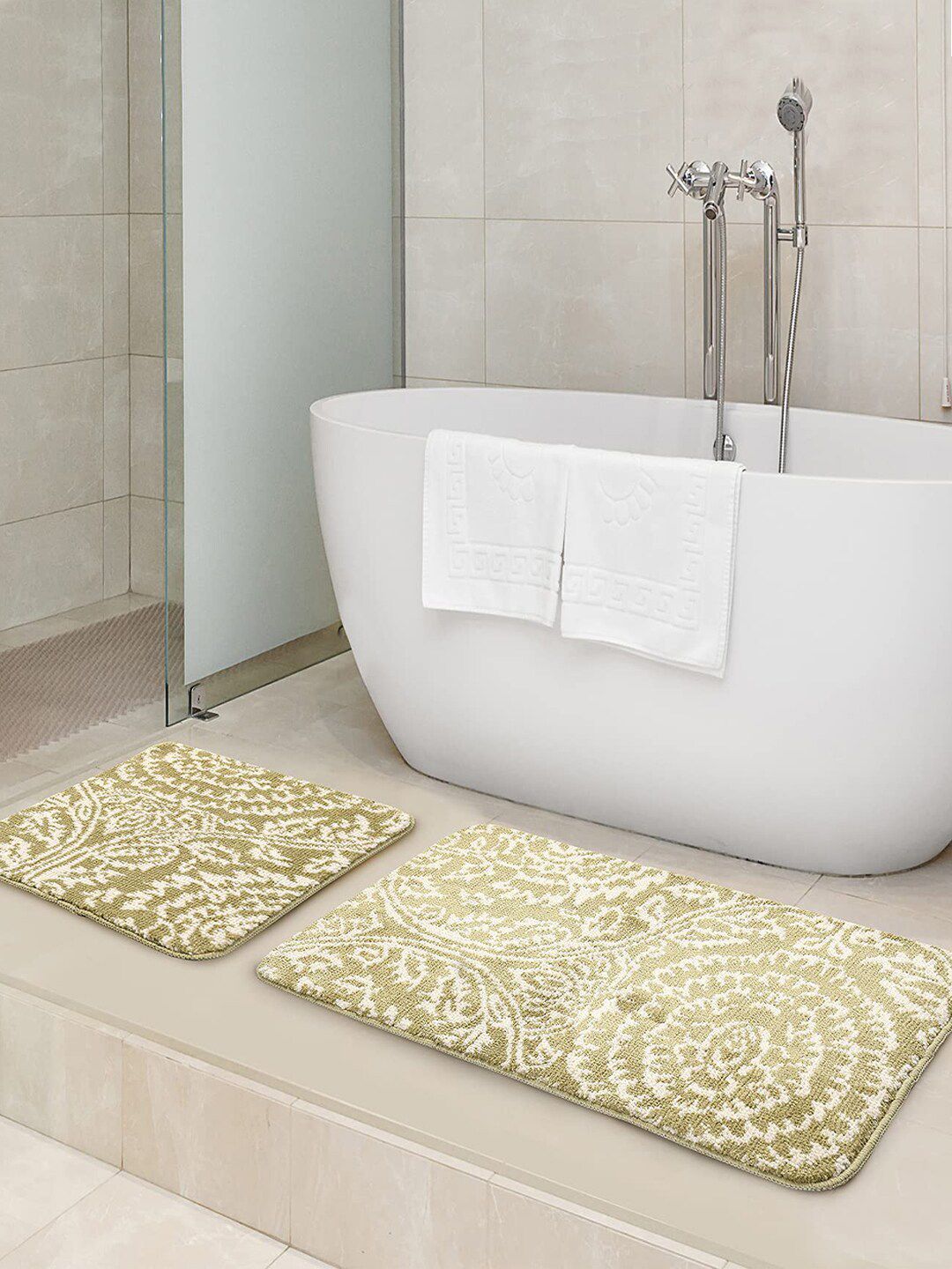 Saral Home Set Of 2 Beige & Off-White Handmade Microfiber Bath Rugs Price in India