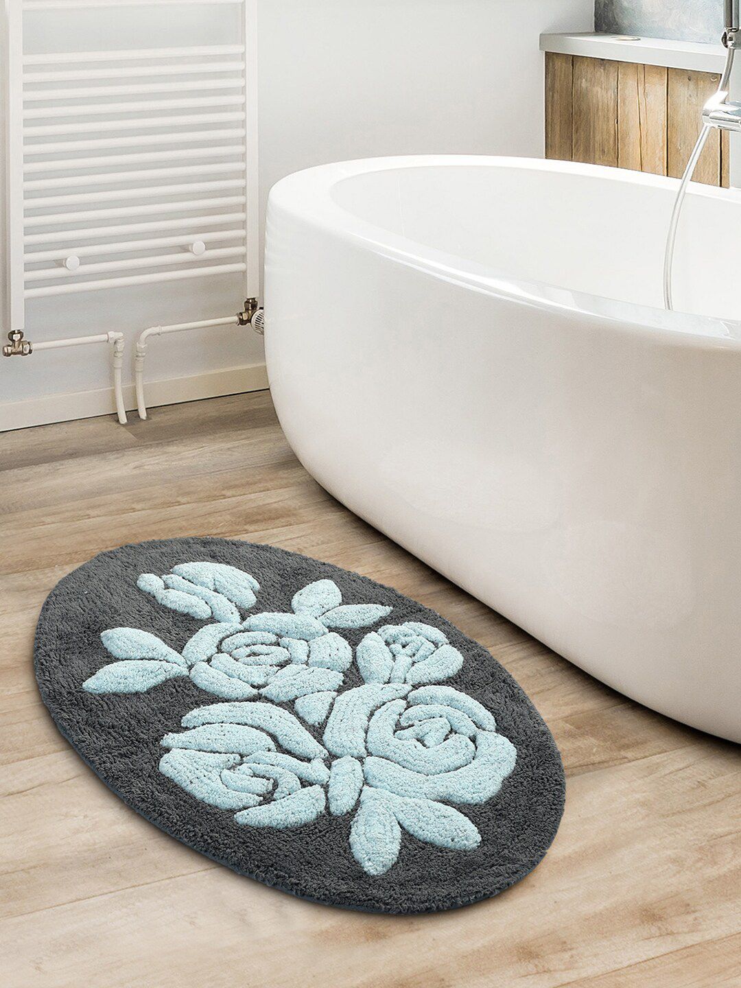 Saral Home Grey & Blue Handmade Oval-Shaped Bathmat Price in India