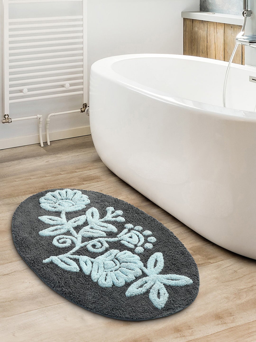 Saral Home Grey & Blue Handmade Oval-Shaped Bathmat Price in India