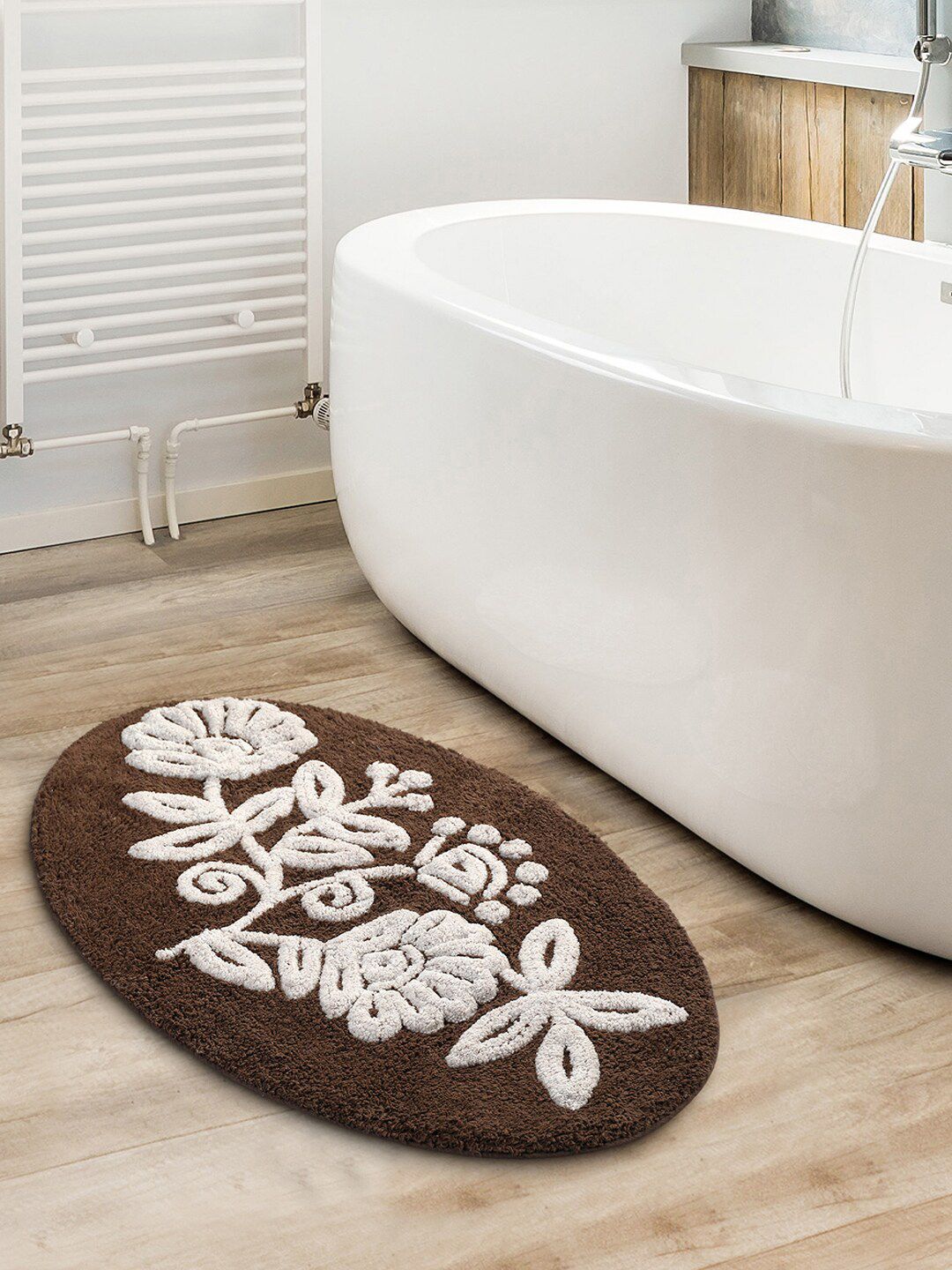 Saral Home Brown & White Handmade Oval-Shaped Bathmat Price in India
