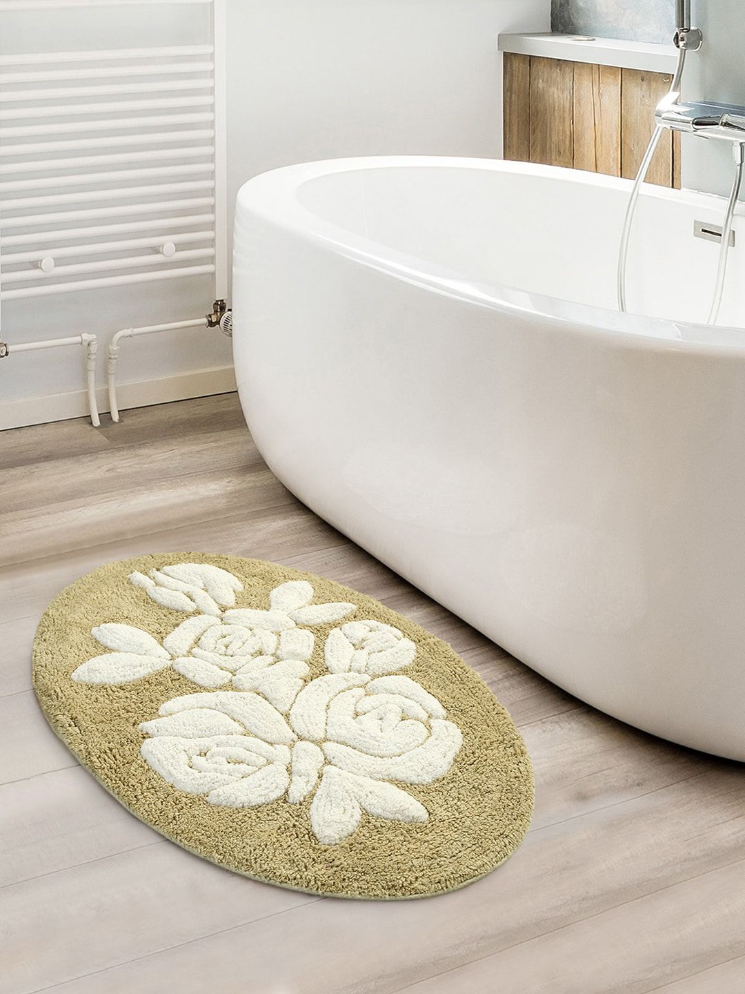 Saral Home Beige & White Handmade Oval-Shaped Bathmat Price in India