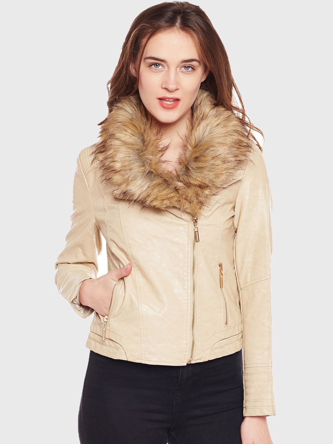 Latin Quarters Women Beige Biker Jacket Price in India