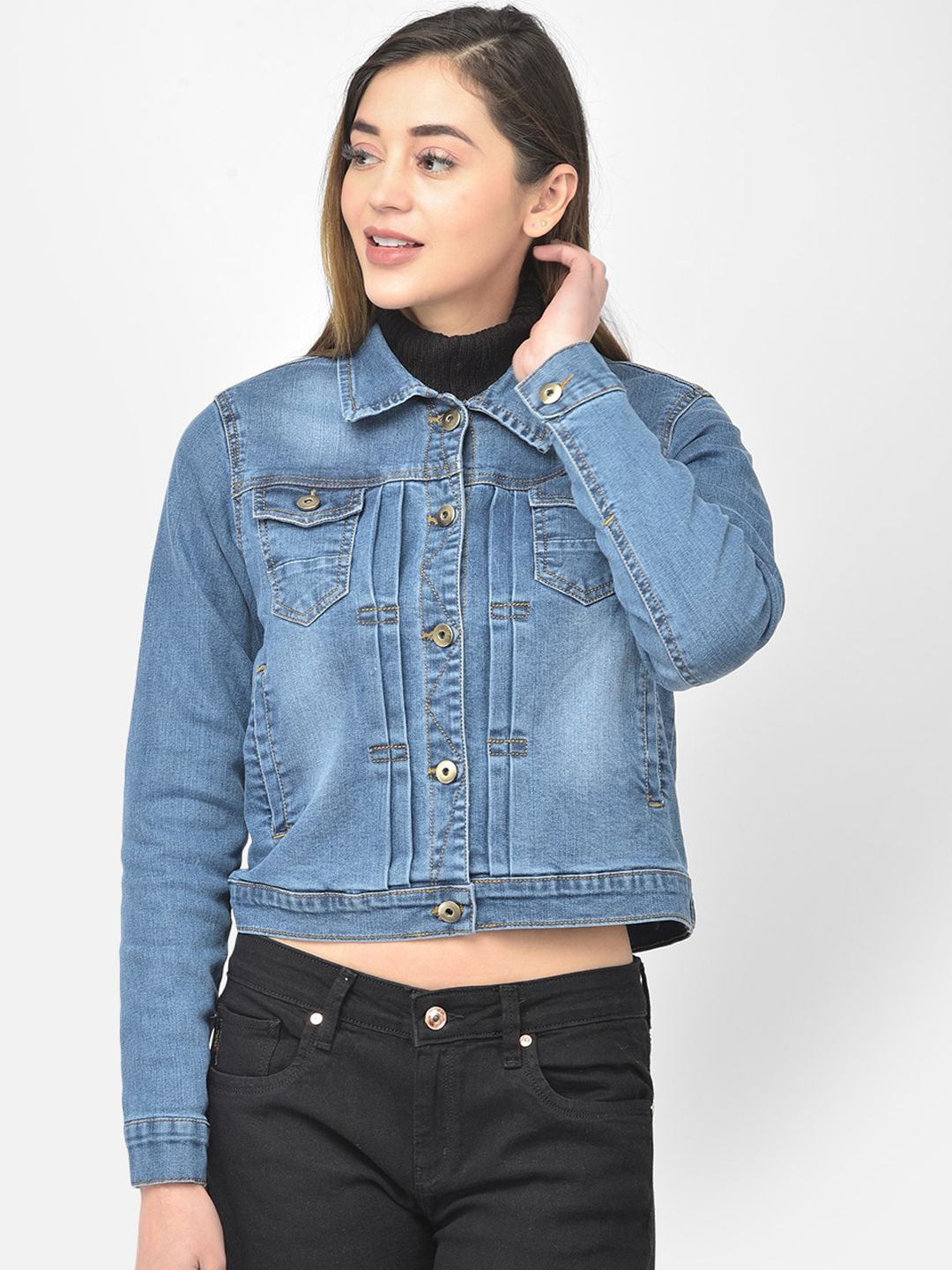 Latin Quarters Women Blue Washed Crop Denim Jacket Price in India