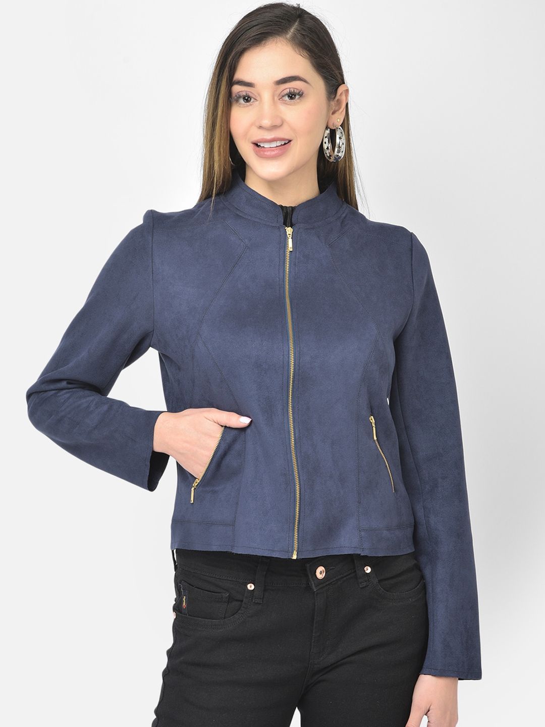 Latin Quarters Women Navy Blue Suede Tailored Jacket Price in India