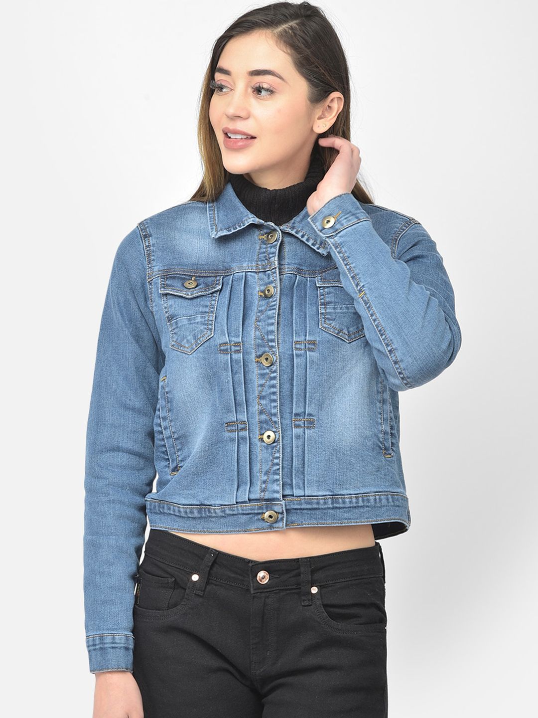 Latin Quarters Women Blue Washed Cotton Denim Jacket Price in India