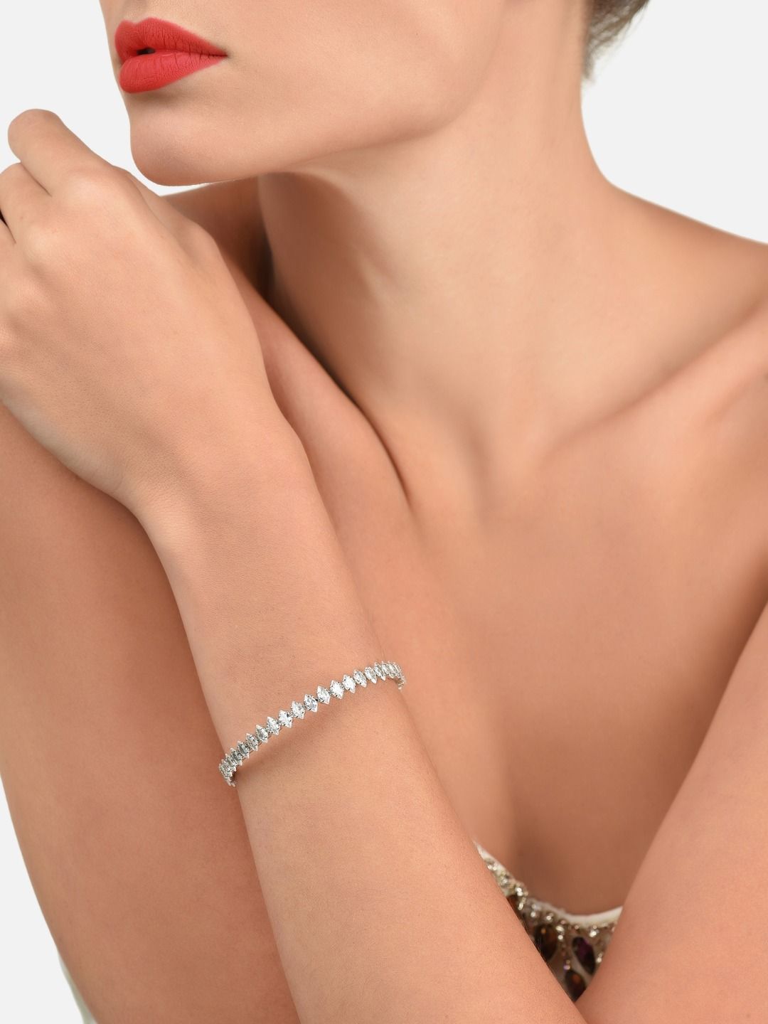 AMI Women Silver-Toned & White Brass Cubic Zirconia Silver-Plated Cuff Bracelet Price in India