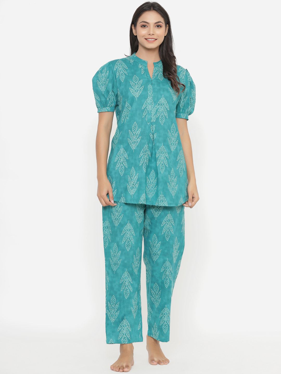JISORA Women Blue & White Pure Cotton Printed Night suit Price in India