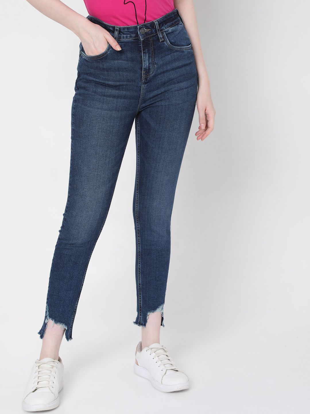Vero Moda Women Blue Skinny Fit High-Rise Mildly Distressed Non-Stretchable Jeans Price in India