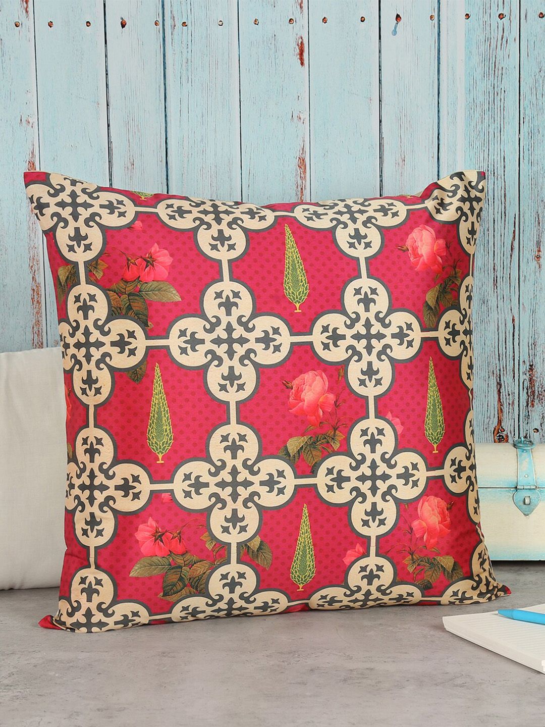 India Circus by Krsnaa Mehta Magenta & Beige Ethnic Motifs Square Cushion Cover Price in India