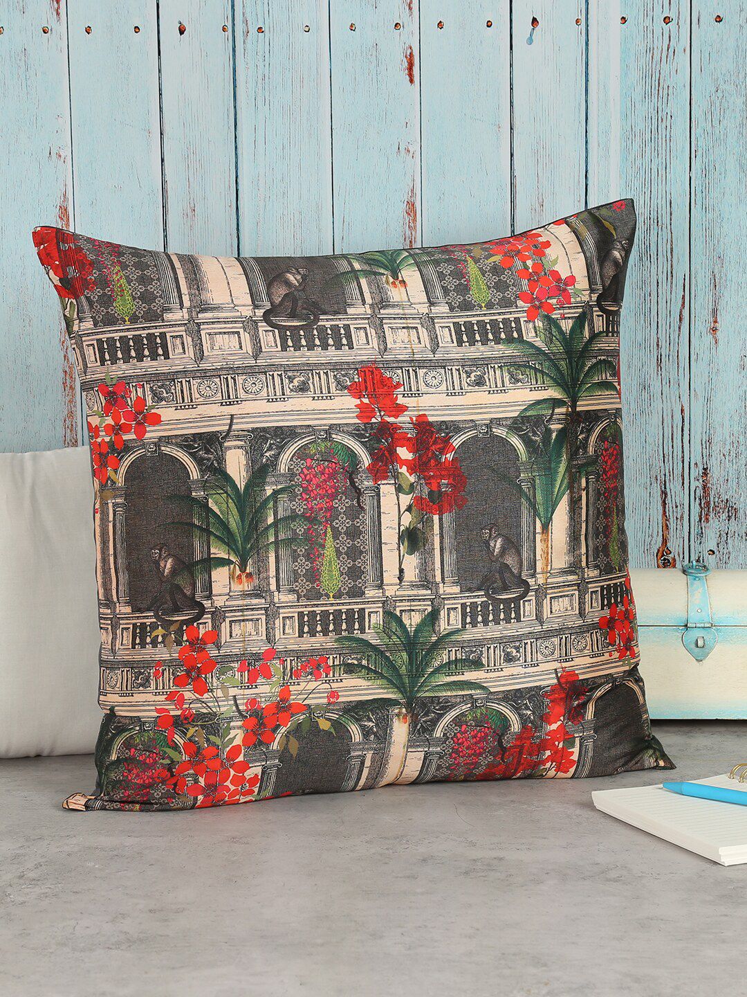 India Circus by Krsnaa Mehta Grey & Beige Floral Square Cushion Covers Price in India