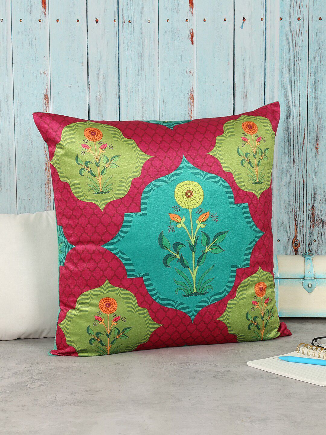 India Circus by Krsnaa Mehta Pink & Turquoise Blue Floral Velvet Square Cushion Covers Price in India