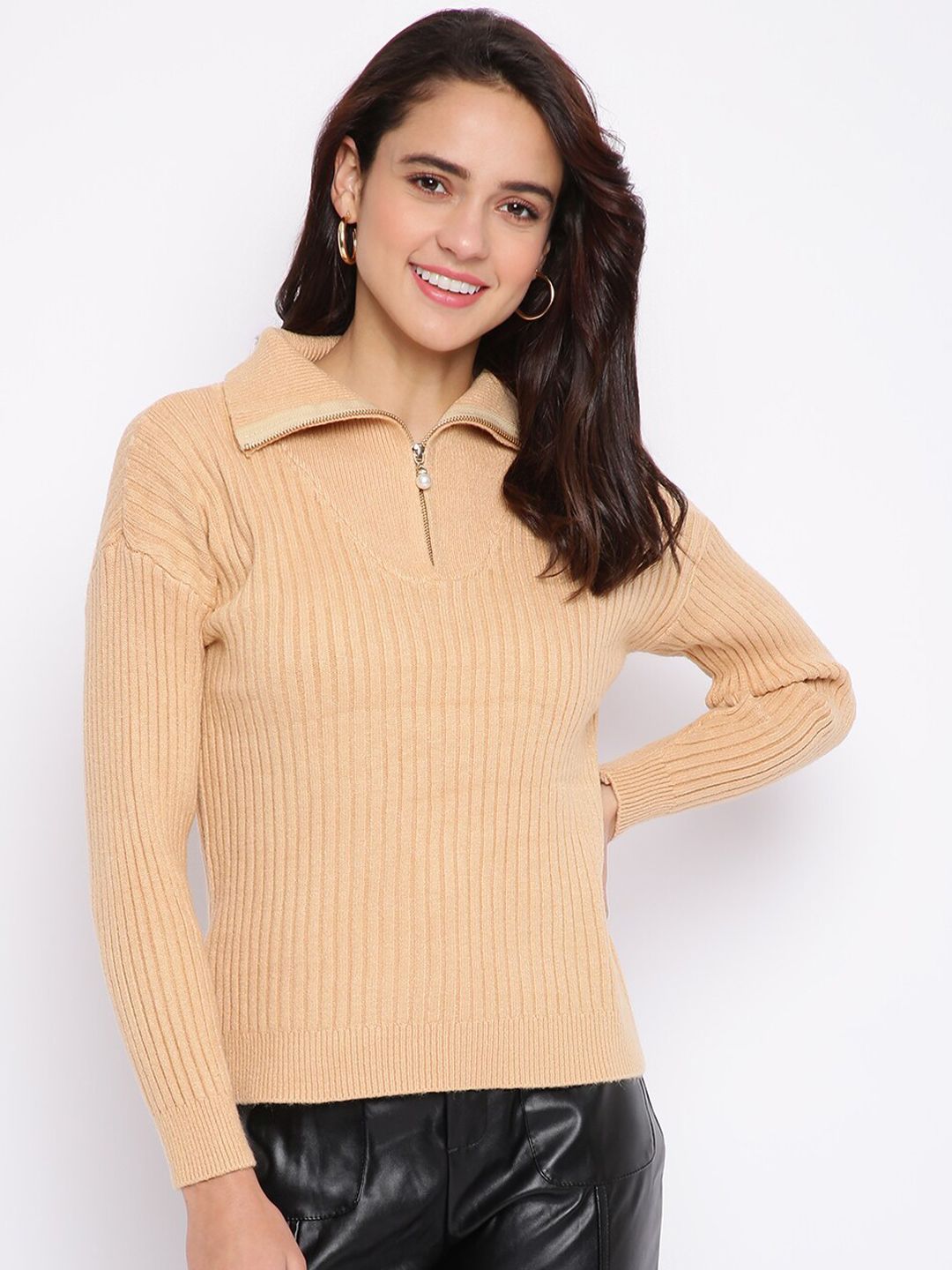 iki chic Women Beige Ribbed Knitted Pullover with Zip Detail Price in India