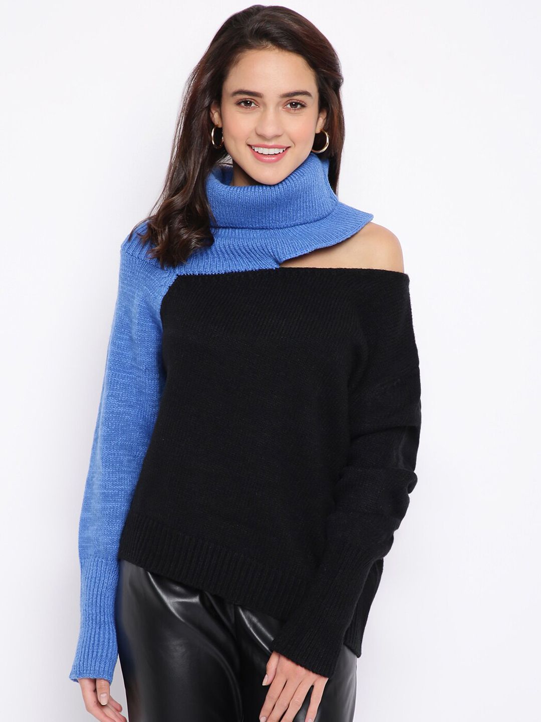 iki chic Women Black & Blue Colourblocked Wool Chunky Cutout Knit Roll Neck Pullover Price in India