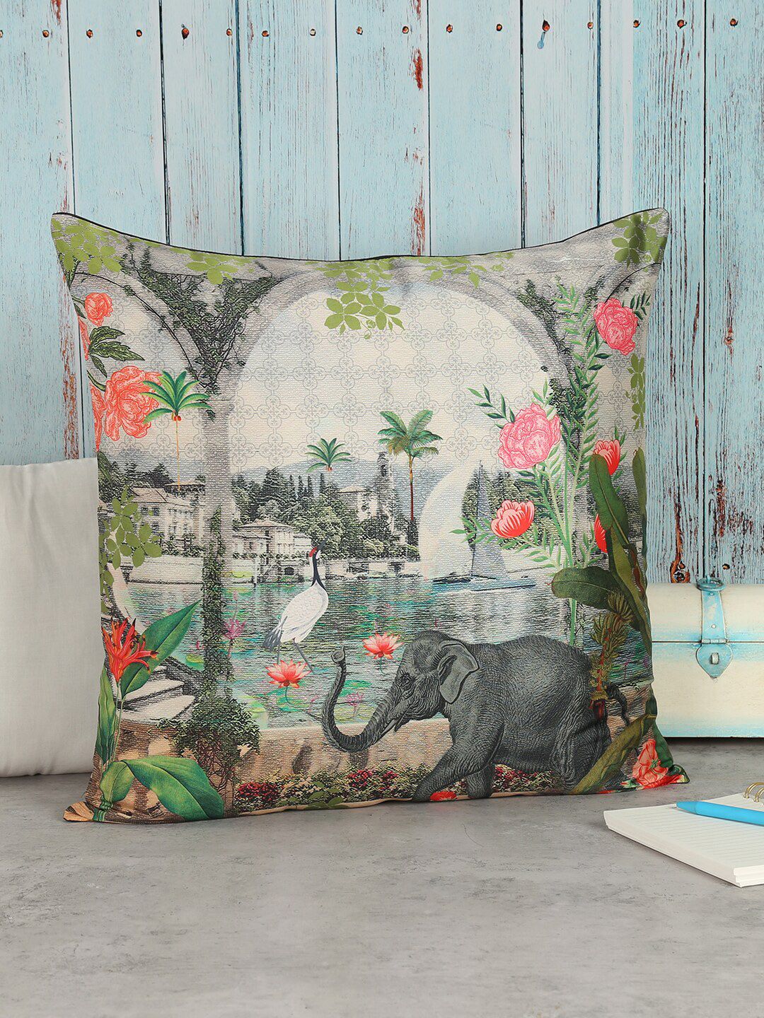 India Circus by Krsnaa Mehta Beige & Grey Floral Square Cushion Covers Price in India