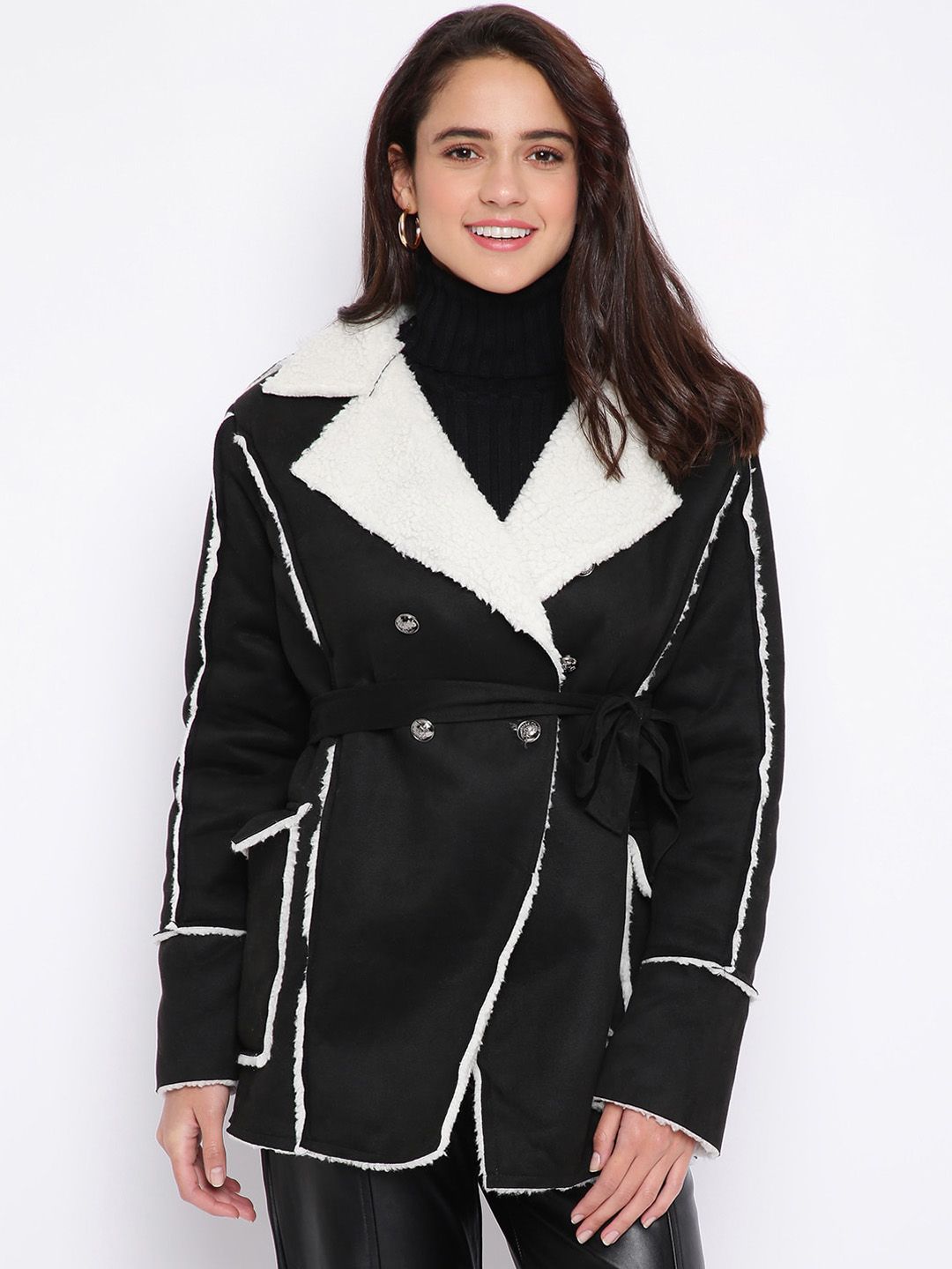 iki chic Women Black & White Suede Belted Tailored Jacket Price in India